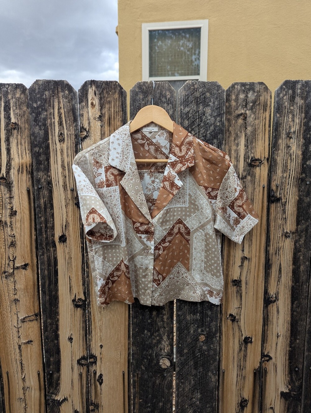 Pleione Patchwork Bandana Print Button-Up Shirt in Brown & Cream